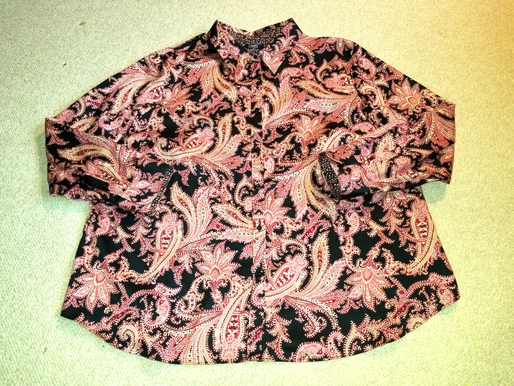 Womens Top-CHAPS RALPH LAUREN-black/pink/beige paisley "No Iron" button-up ls-2X